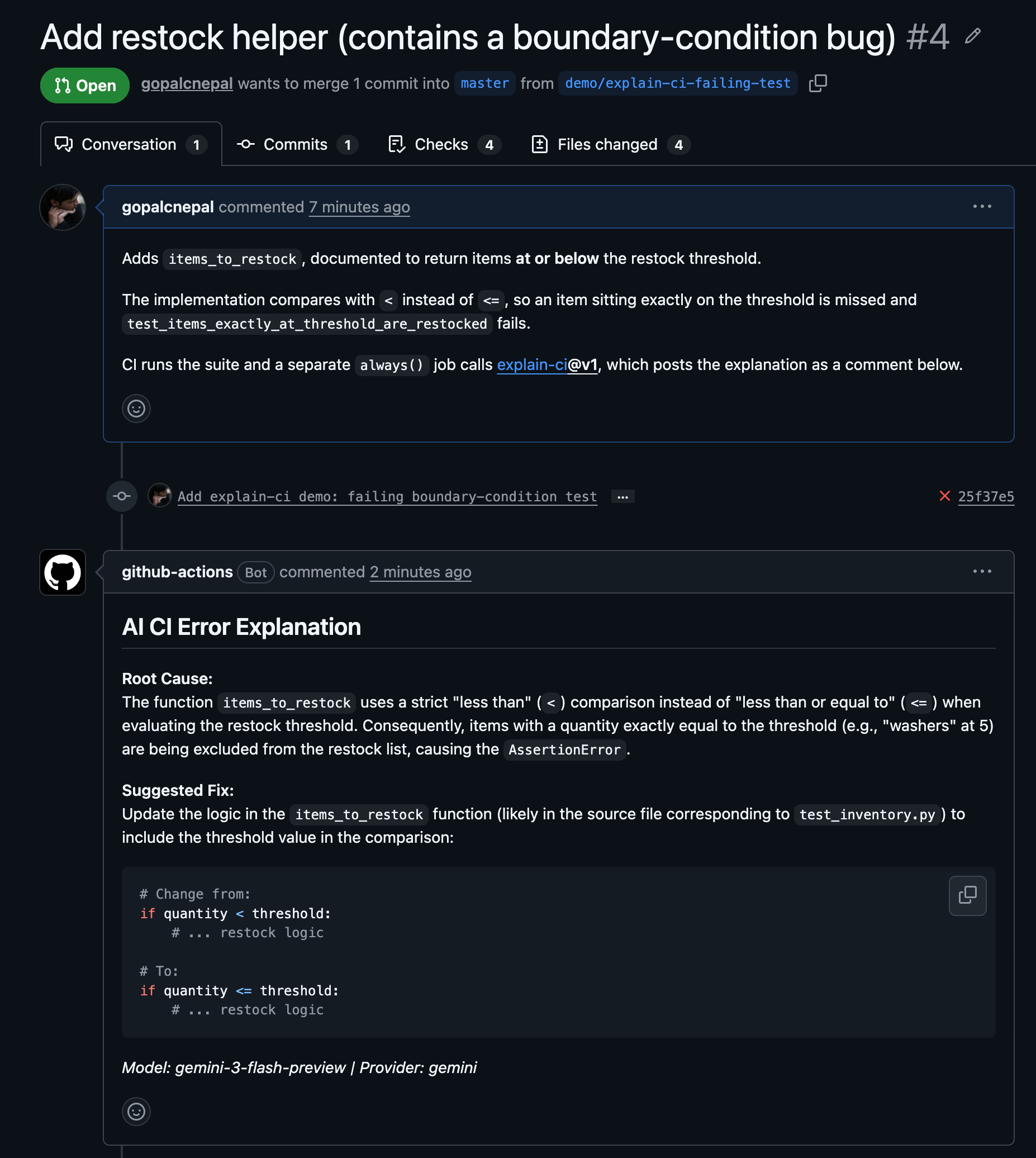 explain-ci posting a root cause explanation as a pull request comment